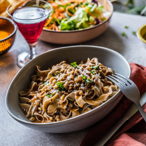 Buckwheat tagliatelle in Bolognese sauce