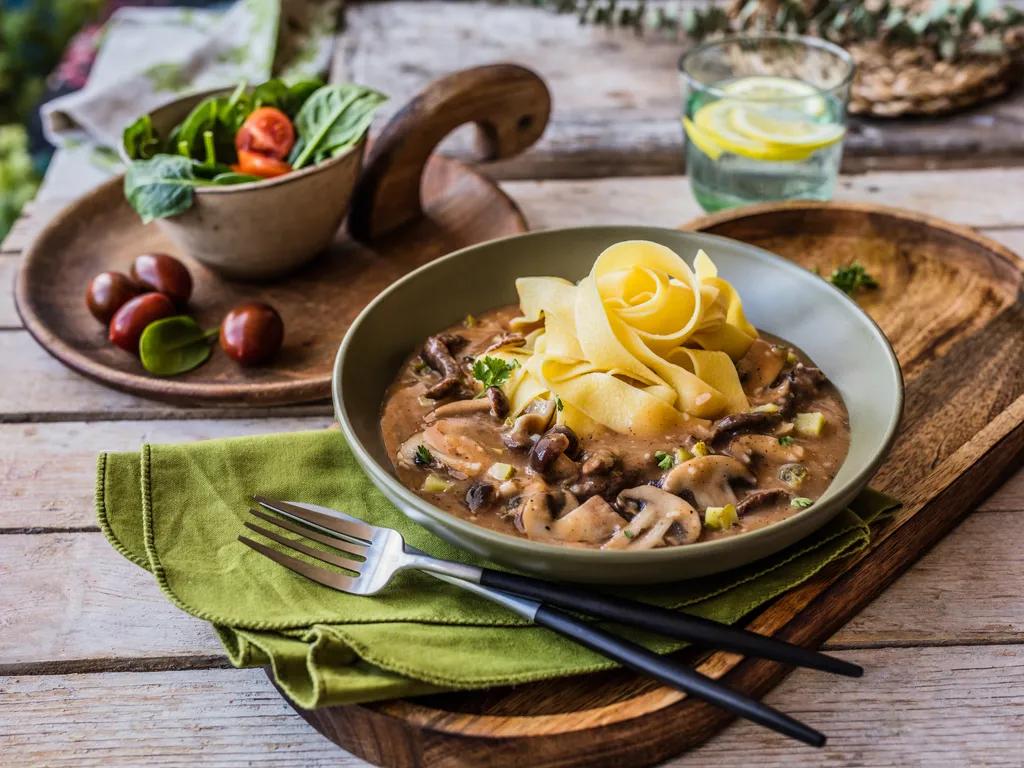 Stroganoff sa širokim rezancima