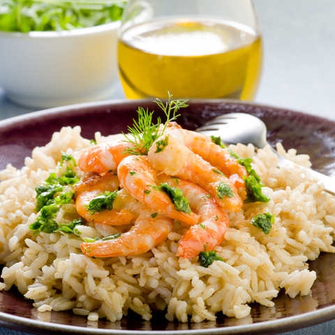 Natural basmati rýže s krevetami a rukolovým pestem