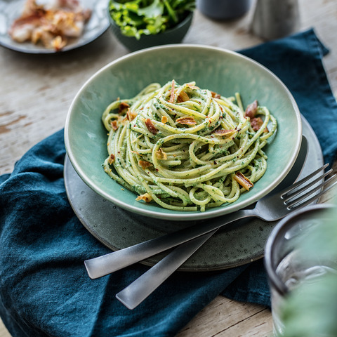 Špenátové špagety carbonara 