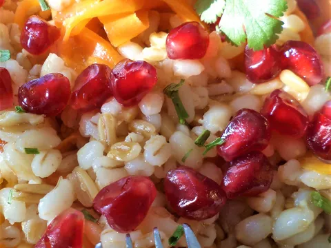Topla salata od ječma i mrkve sa sjemenkama nara