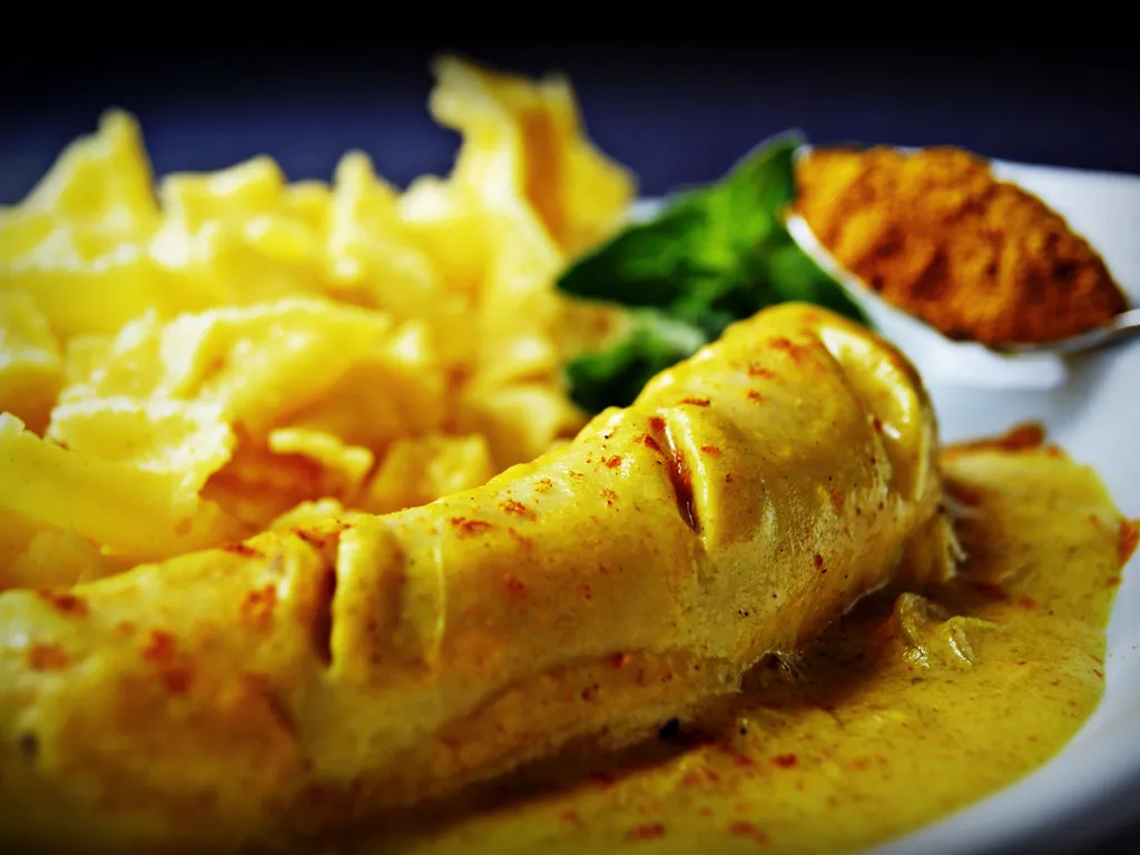 Kalbsbratwurst ( telece kobasice) u sosu od luka i curry-ja
