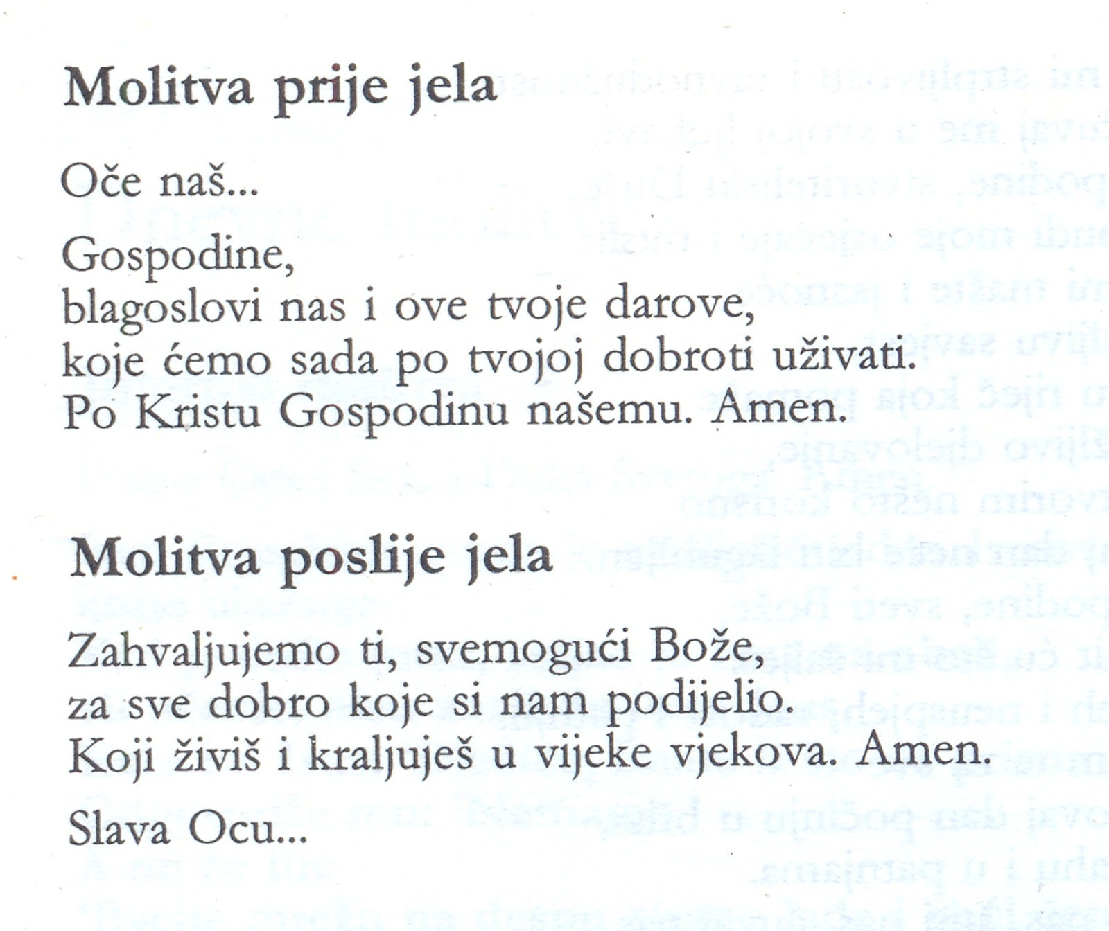 Molitva prije jela iz molitvenika "Obitelj pred Bogom", Kršćanska sadašnjost, Zagreb, 1994., str. 66