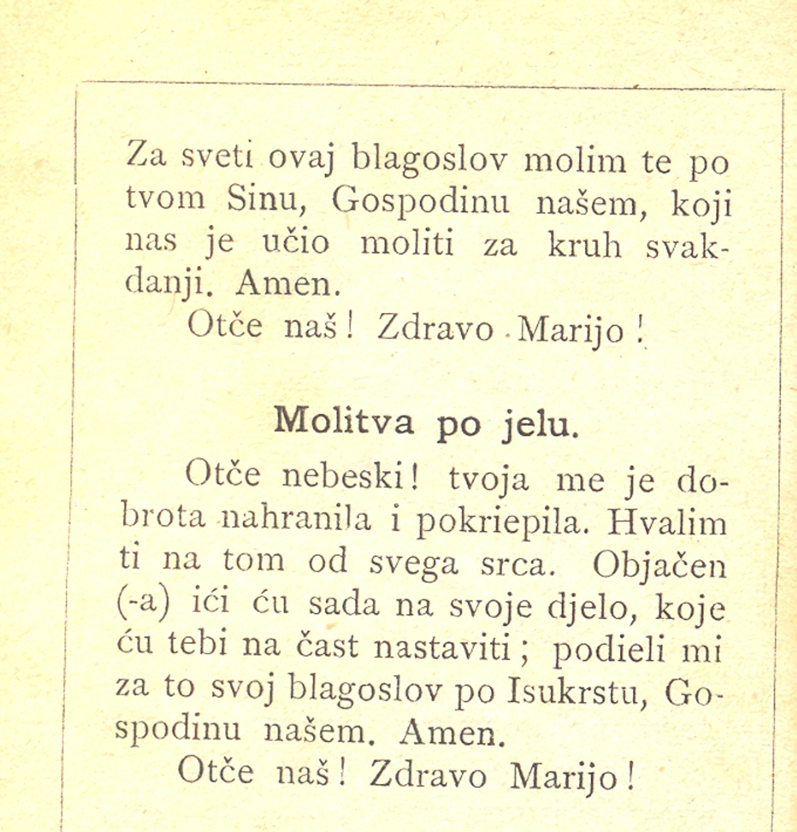 Molitva nakon jela iz molitvenika Prva pobožnost, 3. izdanje, bez godine
