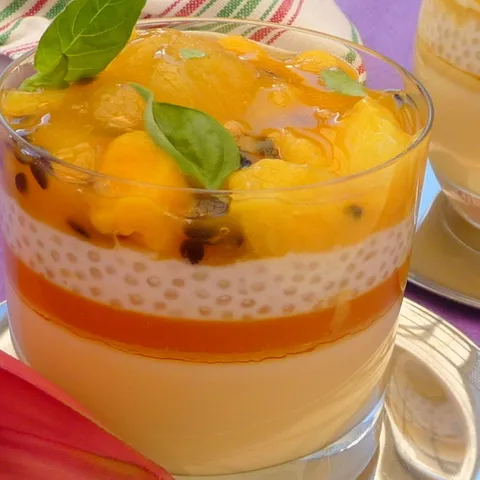 Passionfruit Posset with Mango and Passionfruit Sorbet