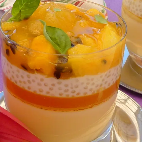 Tapioca s mangom & passionfruit...(Passionfruit posset with mango and passionfruit sorbet)