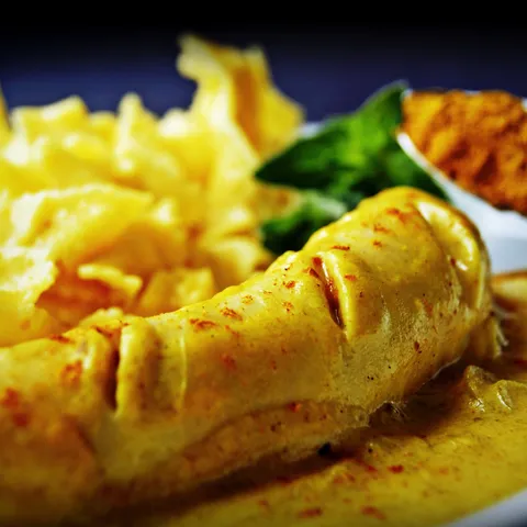 Kalbsbratwurst ( telece kobasice) u sosu od luka i curry-ja